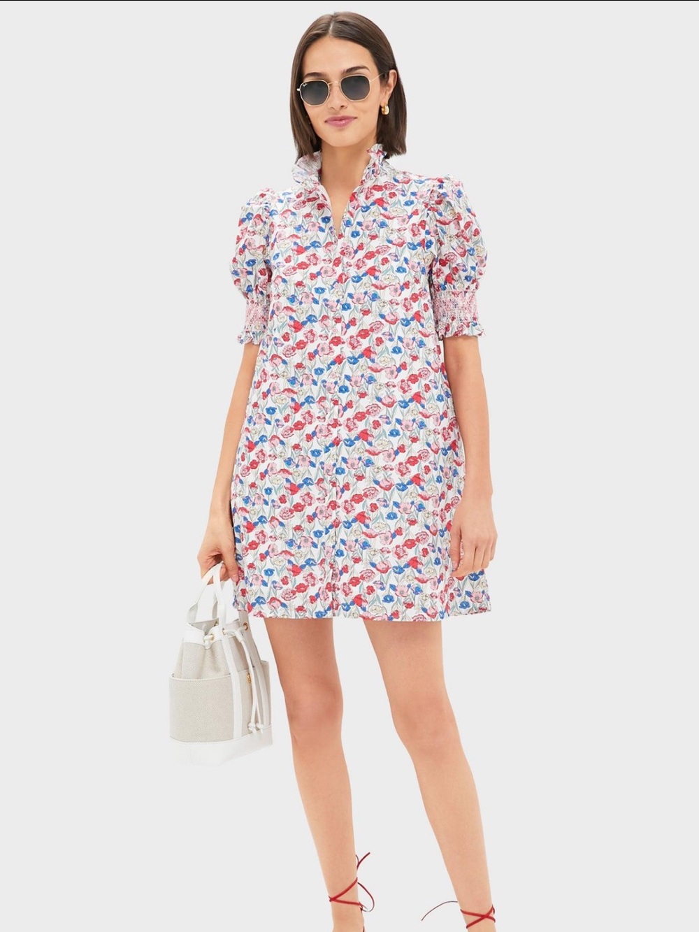 Tuckernuck Hyacinth House Mini Lou Lou Shirt Dress Red Blue Clover Floral Size M